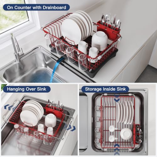 Image of JASIWAY Red Dish Drying Rack in Sink with Drainboard and Utensil Holder