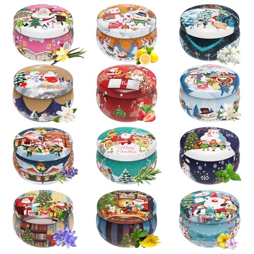 Christmas Candles Gifts for Women, Primevolve Scented Candles Set for 12 Bulk Home Aromatherapy, Strongly Fragrance Long Lasting Portable Travel Tin for Spa Bath Yoga