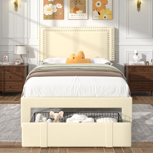 Image of VECELO Twin Size Upholstered Bed Frame with Storage Drawer, Adjustable Velvet Rivet Decor Headboard, Wooden Slats Platform Support, No Box Spring Needed, Easy Assembly,Beige
