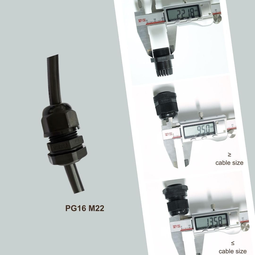 100 pcs PG16 Cable Gland Connector Waterproof Black Adjustable IP68 M22 Plastic Cable Gland with Locknut Rubber Ring for 10-14mm Wire