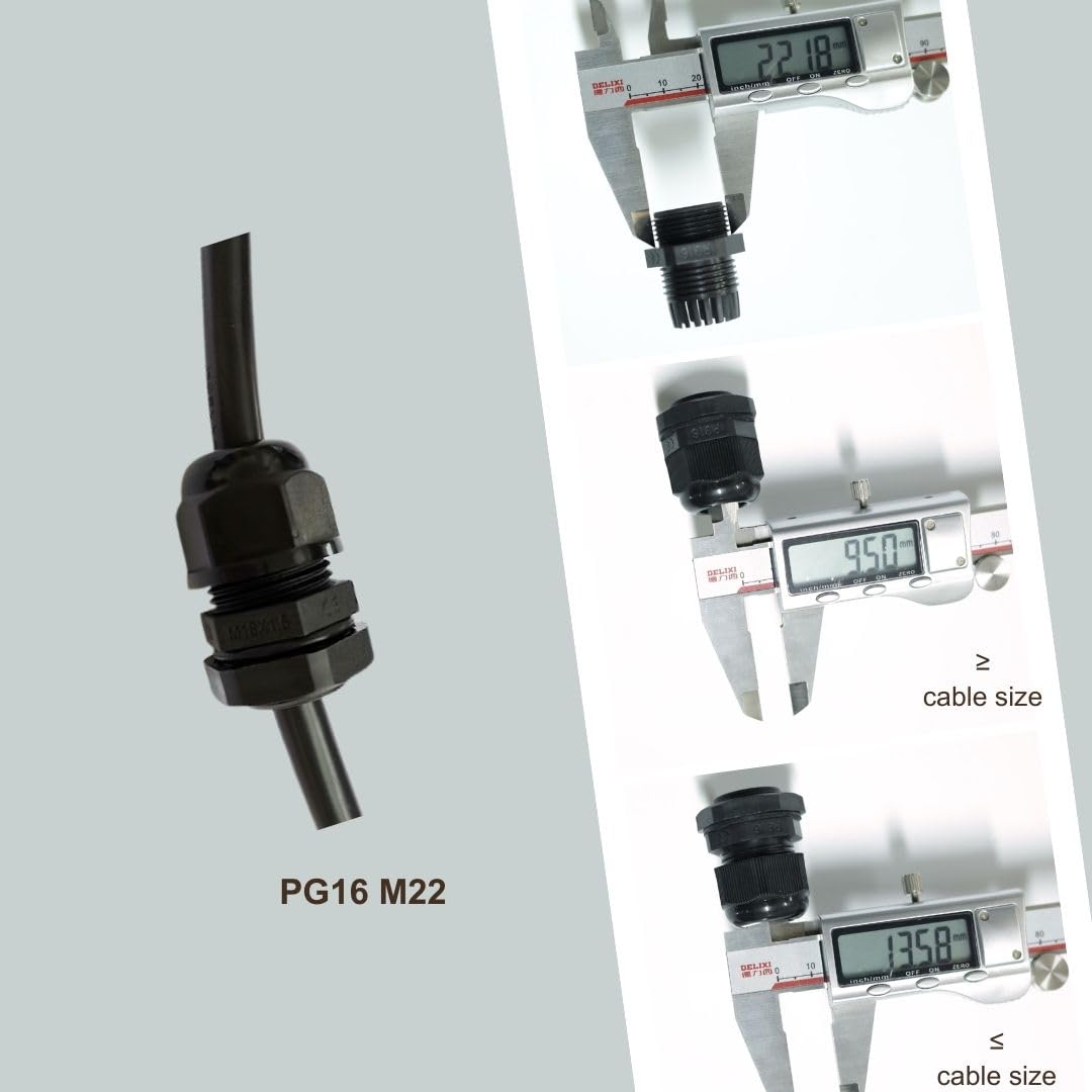 100 pressacavo impermeabile PG16 nero regolabile in plastica IP68 M22 con dado di bloccaggio per filo da 10 a 14 mm