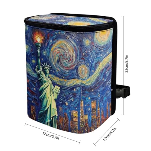 Image of Statue of Liberty Print Car Accessories Back Seat Multipurpose Car Trash Can with Lid, Leak Proof Waterproof Hanging Car Garbage Can for Road Trip Travel