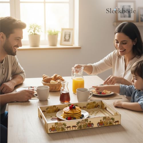 Image of Wooden Serving Tray Set of 3 | Enamel Coated Waterproof Rectangular Trays with Gold Engraving | Tea, Snacks & Dining Table Decor | Home & Kitchen Decorative Center Table Trays