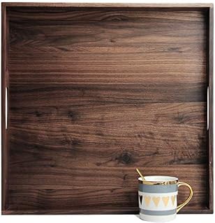 MAGIGO 19 x 19 Inches Large Square Black Walnut Wood Ottoman Tray with Handles, Serve Tea, Coffee Classic Wooden Decorative Serving Tray