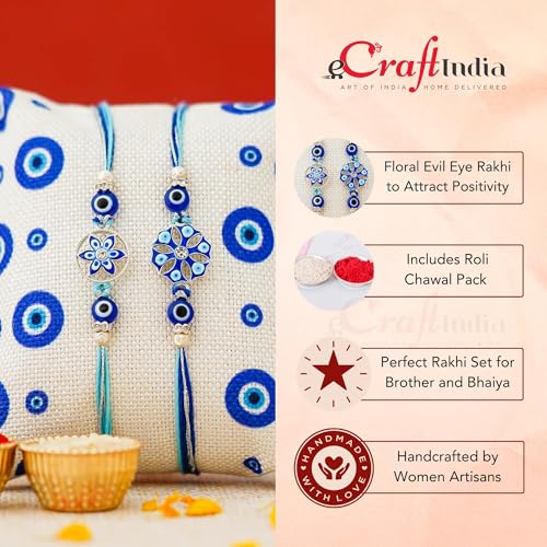 Image of eCraftIndia Set of 2 Floral Evil Eye Rakhi for Brother | Designer Rakhi Set | Designer Rakhis | Best Bro Ever Fridge Magnet | Roli Chawal Pack