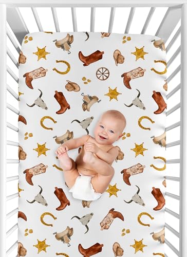 Image of Sweet Jojo Designs Fitted Baby Crib Sheets (Boho Western Cowboy) for Boys, Infant Nursery, Toddler Room - Standard Size (Bohemian, Vintage Wild West, Cow Boy Boots, Southern Charm, Longhorn Skull)