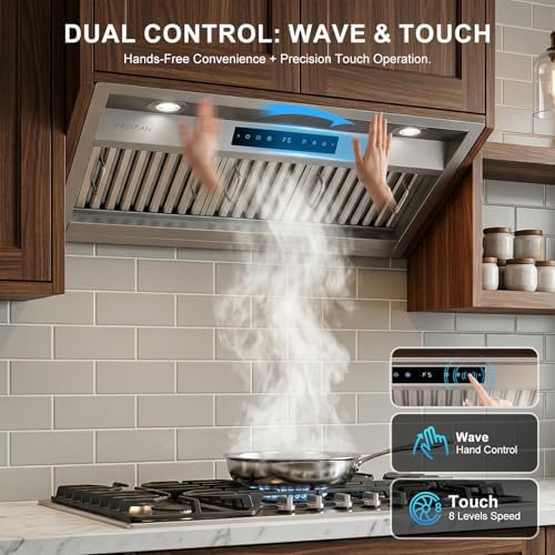 VENFAN 30 Inch Built-in/Insert Range Hood, 1200 CFM Ultra Quiet DC Motor Vent Hood, Gesture & Touch Control Kitchen Exhaust Fan, Ducted/Ductless Convertible Stainless Steel - 3
