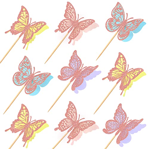 Cyodoos Pack Of 24 Butterfly Cupcake Toppers Double Layers 3D Butterfly Baby Shower Cupcake Picks Decorations For Butterfly Theme Wedding Anniversary Kids Birthday Party Supplies - Rose Gold Glitter #TOP2