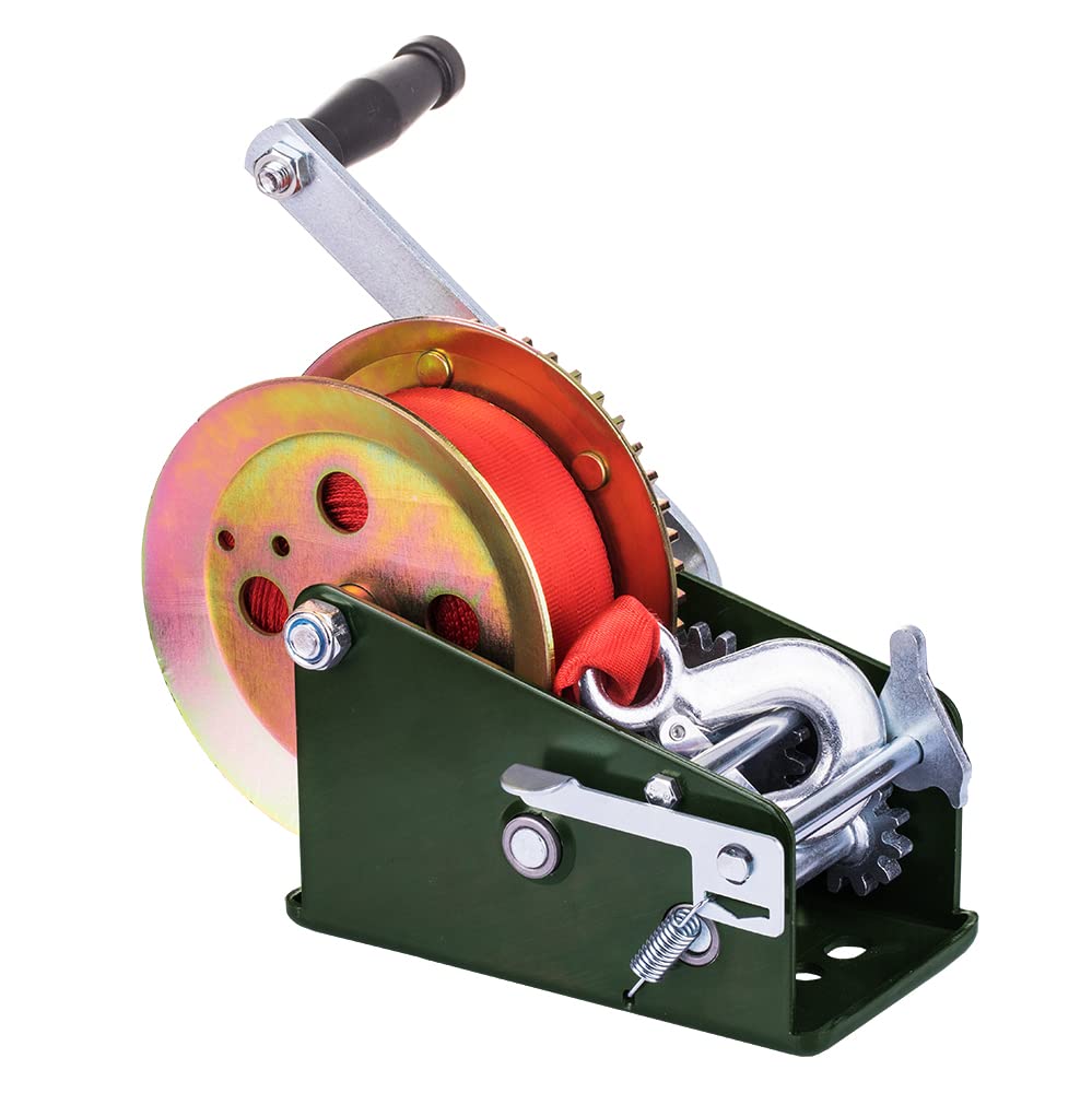 WHSSFINE Hand Winch Heavy Duty 3200lbs with Nylon Strap and Ratchet Handle Hook 2 Gear Manual Crank Towing Winch for ATV Boat Trailer Truck Auto Green