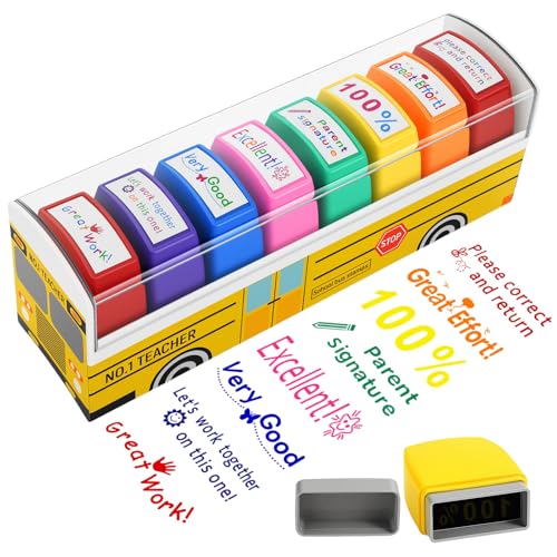 Teacher Stamps for Grading Classroom New Teacher Appreciation Gifts Self-Inking Motivation Great Job Parent Signature Stamp for Homework Must Haves Teacher Supplies (8 pcs)