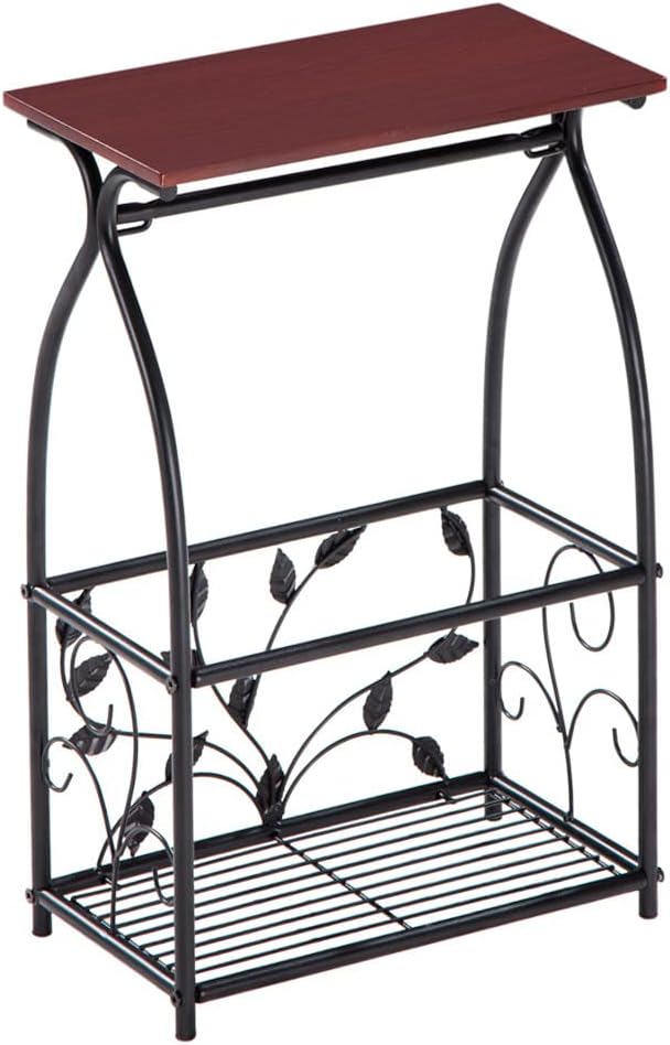 Miniatura 4 de Mesa auxiliar de maderametal con estante de almacenamiento de revistas, mesita de noche pequeña acentuada, mesa de noche moderna multifuncional para