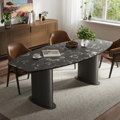 Image of Wakefit Crosne Dining Table - Portoro Black - 6 Seater I Marble Finish I Vitrified Tile Top I Portoro Black