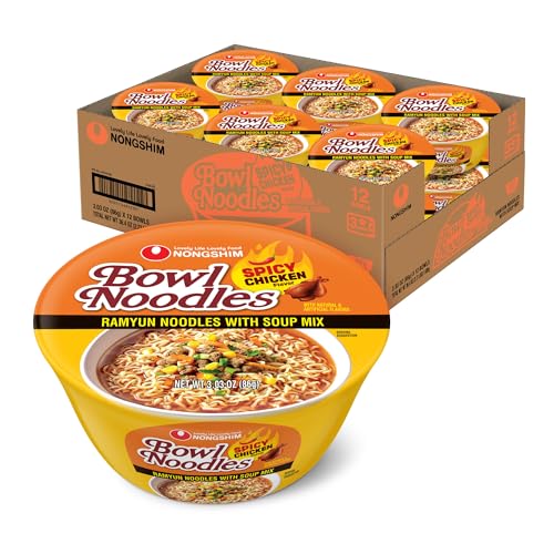 Image of Nongshim Spicy Chicken Noodle Soup Instant Ramen, 12 Pack, Korean Microwaveable Bowl Soup Mix, Ramyun with Veggies, Sabor a Pollo