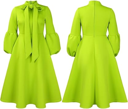Women's Big Bowtie Lantern Sleeve A-Line Dress High Waist Bowtie Neck Long Sleeve Dress Evening Gown Plus Size