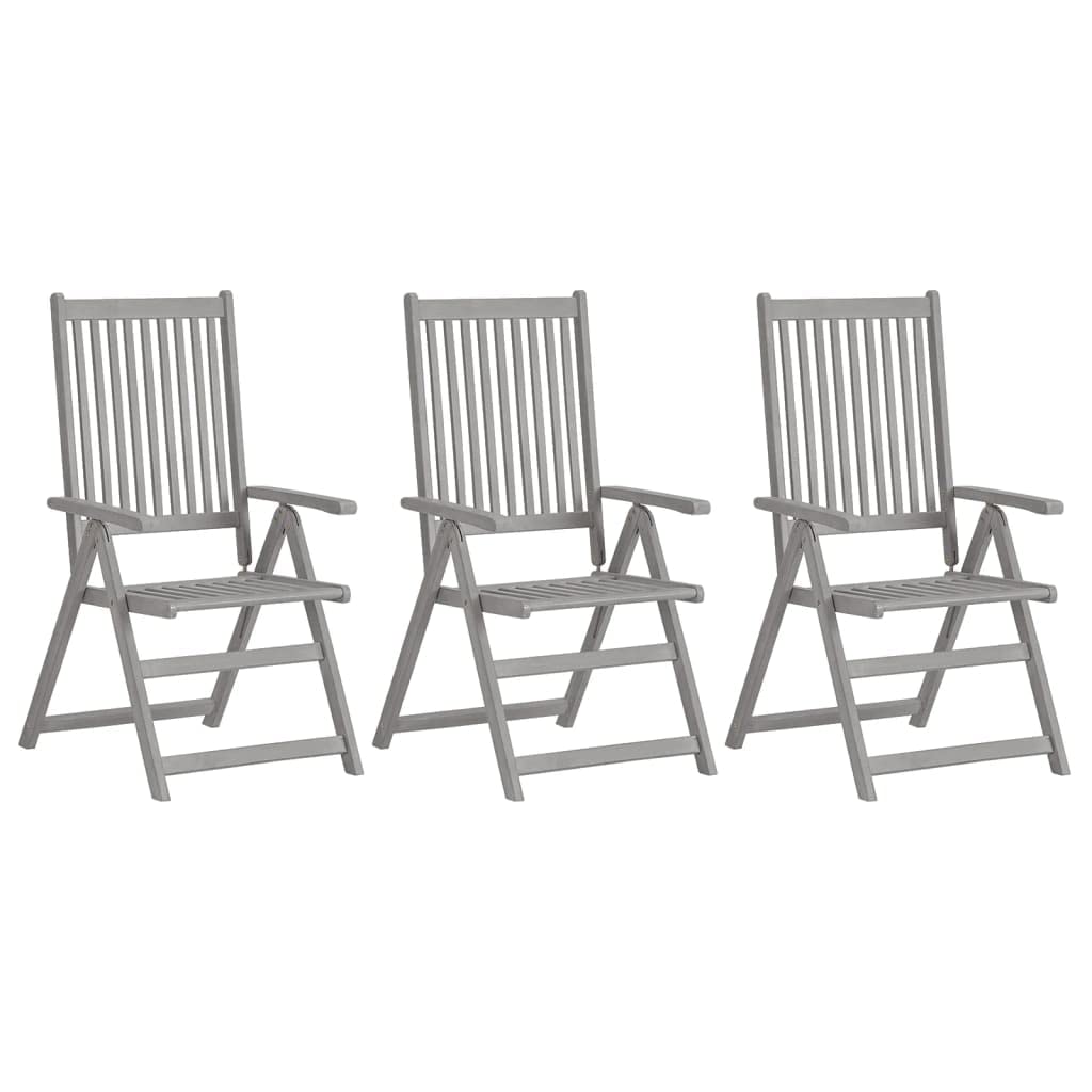Sedie da giardino regolabili, 3 pezzi, in legno massello di acacia | 5 posizioni, portata 110 kg, cuscini in poliestere impermeabile, laccato grigio