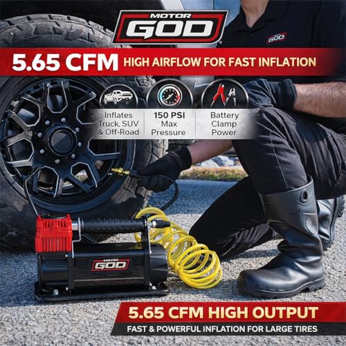 Motor God 12V Portable Air Compressor – 5.65 CFM Heavy-Duty Tire Inflator for Truck, SUV & Off-Road Vehicles – 150 PSI Battery Clamp Air Pump with Gauge & Storage Bag - Thumbnail 5