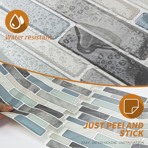 WOWSTAR 10-Sheet Peel and Stick Backsplash Tile for Kitchen, Back Splash Stick On Tiles for Kitchen Wall (Grey and Blue) - Thumbnail 6