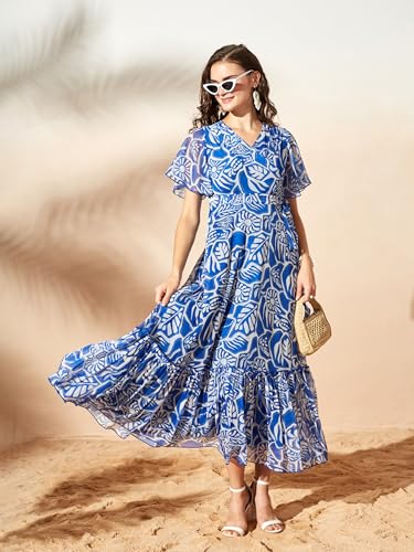 Image of Miss Chase Women's Floral V-Neck Flutter Sleeve Wrap Chiffon Maxi Dress