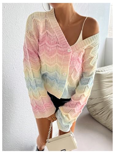 Image of MakeMeChic Women's Colorful V Neck Cardigan Sweater Long Sleeve Knit Cardigans Outerwear Pink Small