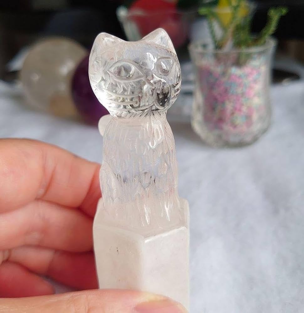 ★ホワイトガーデンクォーツ　クリアクォーツねこネコ猫の置物 ☆ホワイトガーデンクォーツクリアクォーツねこネコ猫の置物