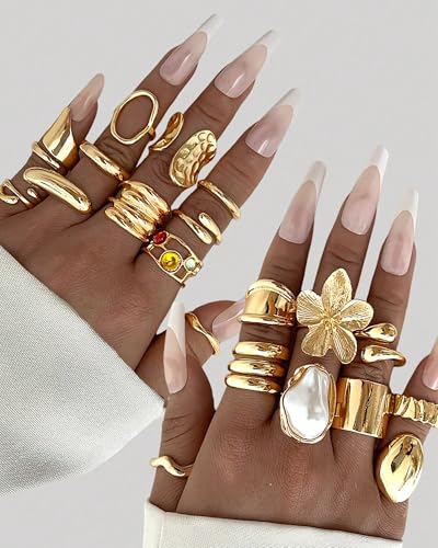 YEEZII 20 Pcs Gold Ring Set for Women, Chunky Statement Flower Finger Midi Rings, Big Boho Stacking Rings Pack Trendy Stuff Jewelry Gift - Image 3