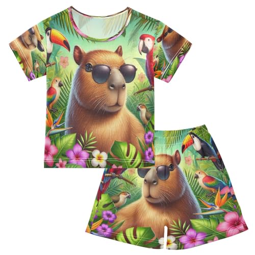Capybara Tropical Birds Flowers Pajama Set Short Sleeve Summer Pajamas Shorts Sets PJ Clothes Set Soft 5Y