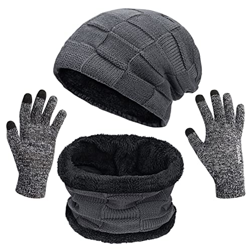 Petrunup Ensemble de Bonnet Gants et Echarpe Hiver Hommes, 3Pcs Beanie Gants Écrans Tactiles et Snood avec Doublure Chaude Adulte, Gris