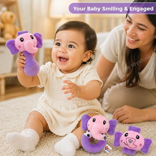 Image of Toyshine Pack of 3 Cute Animal Face Baby Hand Rattles Safe Lightweight and Easy to Hold Soft Stuffed Handy Rattles for Babies Infant Toddlers 6-12 Months - Elephant