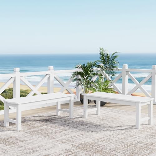 Image of Outdoor Bench Set of 2, 2-Person Patio Backless Benches, HIPS Weatherproof Garden Bench that Never Rot and Fade, Suit for Backyard, Church, Patio, Deck and Entryway (White)