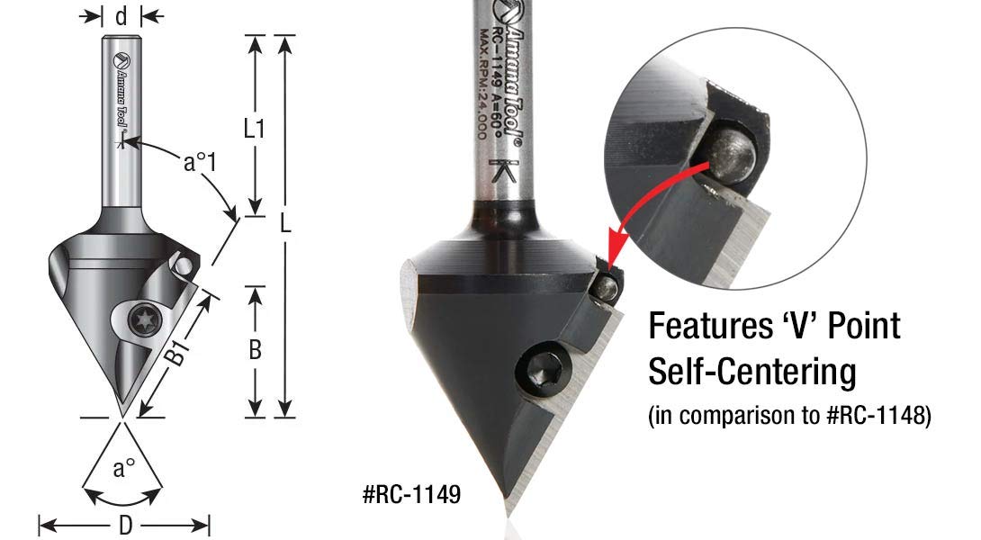 Amana Tool RC-1147 V Groove Router Bit CNC Insert 60 Deg x 21/64 x 1/4 Inch Shank, Miter Fold Blade, Signmaking and Lettering