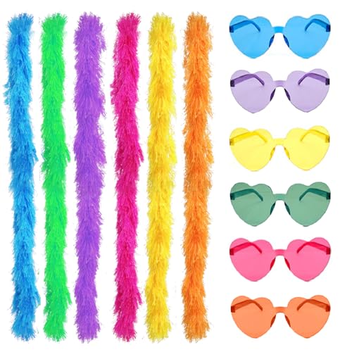 6 Stück Bunte Federboas mit 6 Rahmenlosen Sonnenbrillen Künstliche Flauschige Boas für Damen...