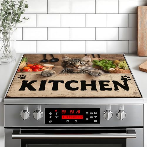 Image of Stove Top Cover Retro Flower Gas Stove Top Cover for Home Decoration Kitchen Pad Non-Stick Washable Cooktop Covers Countertop Protector Keep Stove Clean 28 inchx20 inch (Kitchen cat)
