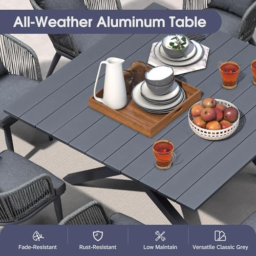 Image of PURPLE LEAF 14 Pieces Patio Dining Set Wicker Outdoor Furniture Oversize Rectangular Table and Chairs Set for Garden Deck Aluminum Frame Backyard Kitchen Set, Cushions and Pillows Included Grey