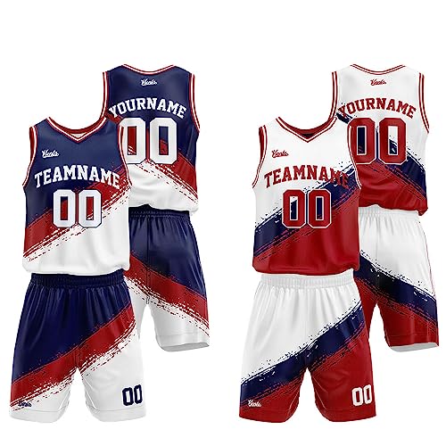 Custom Reversible Basketball Jersey for Man Women Uniform Suit Kids Adults Personalized Jersey (Navy-Red-White)