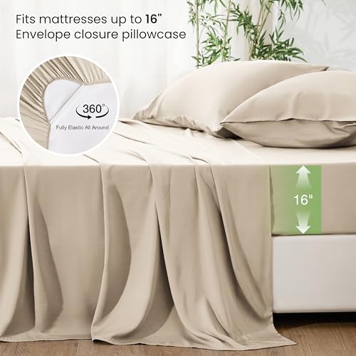 Image of Love's cabin 4 Piece Full Size Sheet Set, 100% Rayon Derived from Bamboo, Cooling & Breathable, Soft Silky Deep Pocket up to 16 inch, Hotel Luxury Bedding for Hot Sleepers, Dark Beige