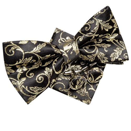 Image of Hi-Tie Pretied Bow Ties for Men Wedding Formal Bow Tie Handkerchief Cufflinks Lapel Pin Set Party Formal Mens Bowtie Set, Black Beige Floral, Medium