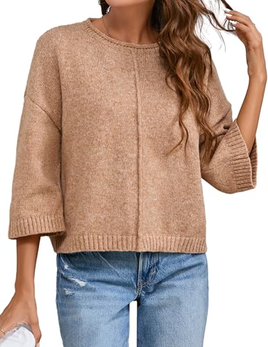 Womens Oversized Lightweight 3/4 Short Sleeve Sweater Spring 2025 Casual Ribbed Knit Crewneck Thin Pullover Top