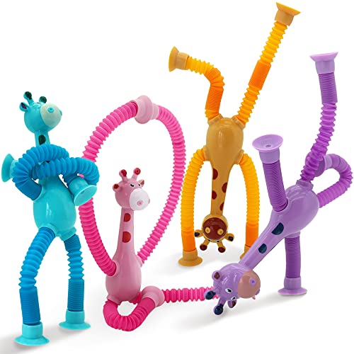 Boxgear 4 Pieces LED Telescopic Suction Cup Giraffe Toy, Shape Changing Telescopic Tube Fidget Toys, Pop Tubes, Fidget Tubes Sensory Toys for Girls Boys