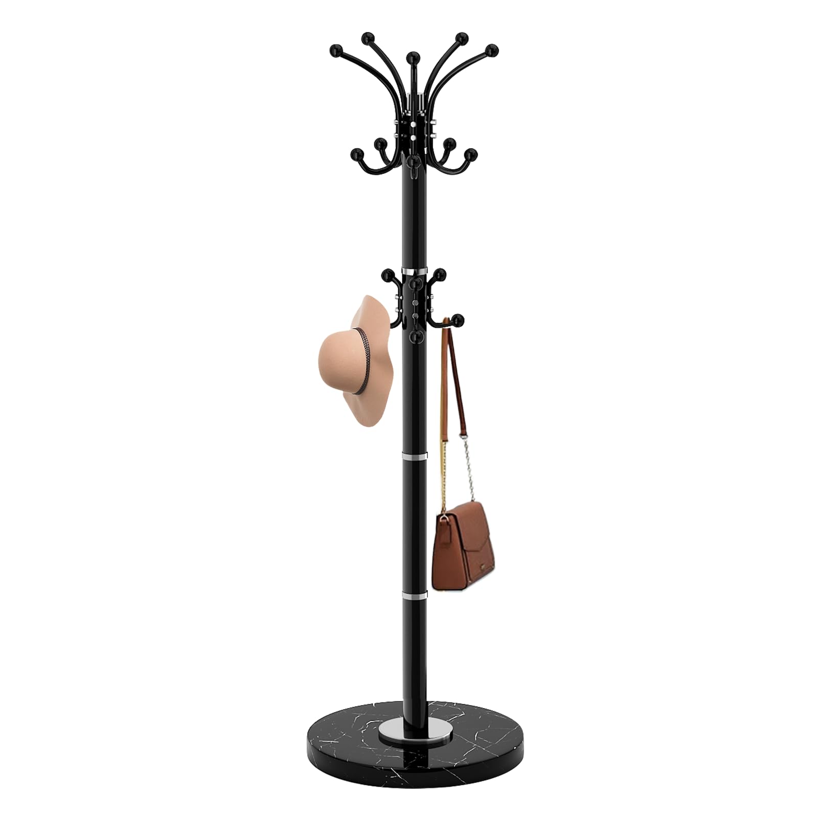 Photo 1 of Waavryee Modern Metal Coat Rack Stand, Coat Rack Freestanding with Natural Marble Base, 360°Rotary Design Sturdy Coat Racks with 16 Hooks, Black Coat Hall Tree Stand for Entryway