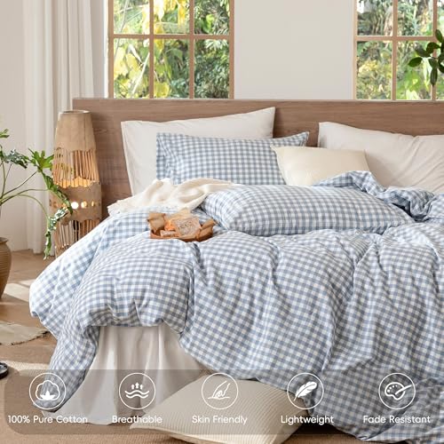 Image of MooMee Gingham Duvet Cover Set 100% Washed Cotton Linen Like | Relaxed Linen-like Texture. Soft, Breathable & Long-lasting Comfort. Lightweight. Hidden Zipper with 8 Interior Corner Ties