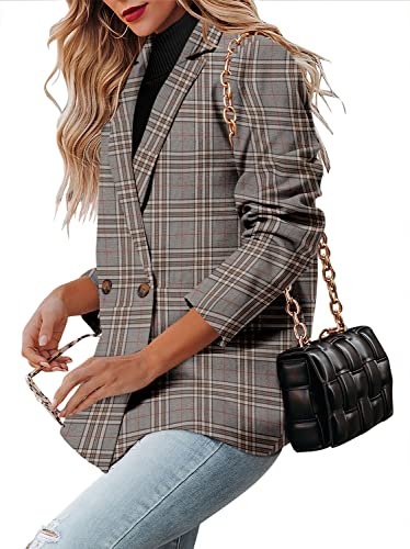 Crazy Grid Womens Double Breasted Blazer Jackets Long Sleeve Open Front Suit Jacket Business Casual Dressy Plaid Blazer Lapel Ladies Work Office Blazer Cassegrain Size Large #TOP2