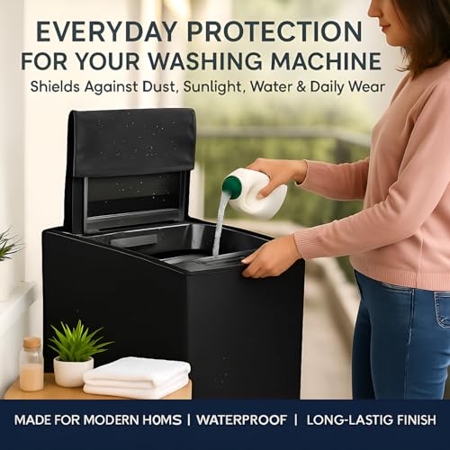 Image of DALUCI Top Load Fully Automatic Washing Machine Cover for 8 Kg, 8.5 Kg, 9 Kg, 9.5 Kg, 10 Kg | Waterproof & Dustproof Polyester Fabric Cover for Washing Machine with Zipper(Black, 63X63X93 CM)