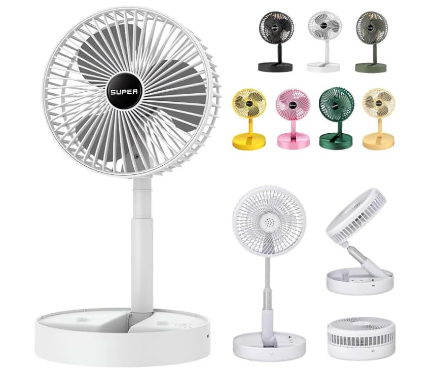 Telescopic Folding Fan - 2026 New Portable USB Rechargeable Collapsible Desk Fan for Travel, Silent Stand up Fan Wireless Folding Oscillating Compact Floor Standing Fans for Dorm ＆ Bedroom (White)