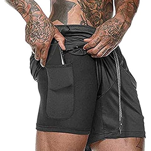 Ultra Dry Men's 2-in-1 Running Shorts Workout Training Short with Inner Compression Short and Zip Pocket - Black - Medium Cover