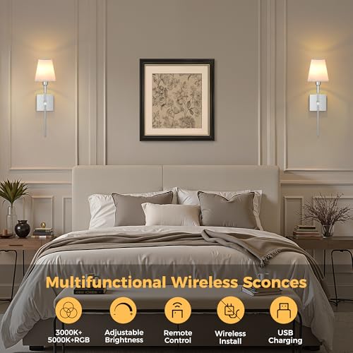 Image of DORESshop Battery Operated Wall Sconce Set of 2, Chrome Rechargeable Wall Lights, Sconce Wall Decor Set of 2, 7 Colors Mode Wireless Sconces for Bedroom Living Room Hallway
