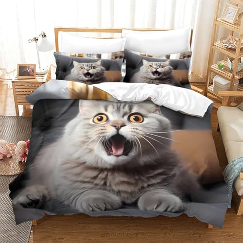 Housse de couette chat mignon parure de lit imprimé 3D microfibre 135x200 cm