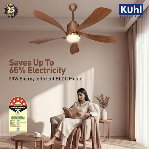 Image of KUHL Luxus Twist 1320mm Stylish 65% Power Saving BLDC Ceiling Fan With Remote |Down Light|BEE 5 Rated & ISI Marked|Low Noise| IoT -Operate via Mobile & Alexa |Reverse Mode |Free Installation |Teak