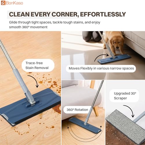 Image of BonKaso Telescopic Flat Mop & Bucket Set with Hands-Free Squeeze System, Microfiber Floor Cleaning Mop for Wet & Dry Cleaning | Includes 2 Reusable Pads for Home, Kitchen, Bathroom & Office | Blue