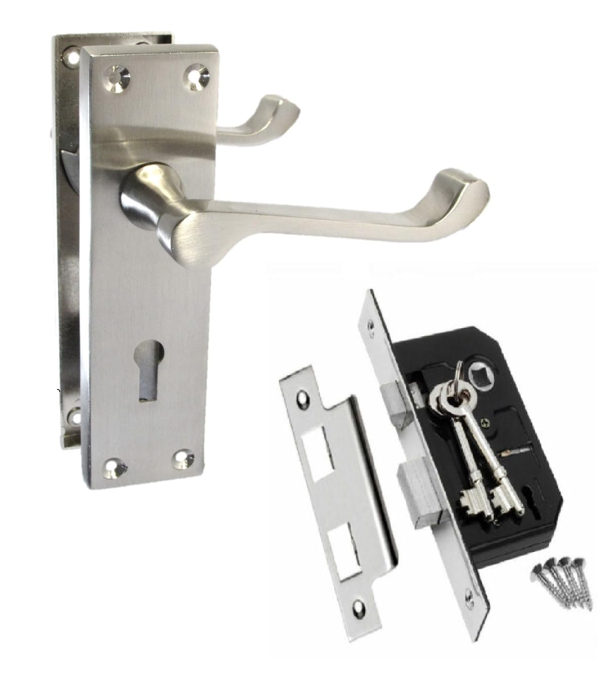 Epsom Door Handle Victorian Scroll Satin Nickel Internal Lock Door Handle Set – Lever on Backplate 150mm x 42mm – Includes 3 Lever Mortice Sash Lock – 1 Pair