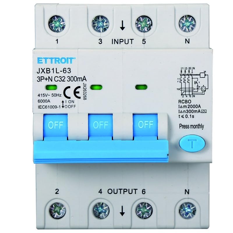 Interruttore Magnetotermico Differenziale 3P+N 32A 300mA 380V-6KA CLASSE A 300mA per Guida DIN - 4 Moduli DIN - Protezione Circuiti e Sicurezza Impianti